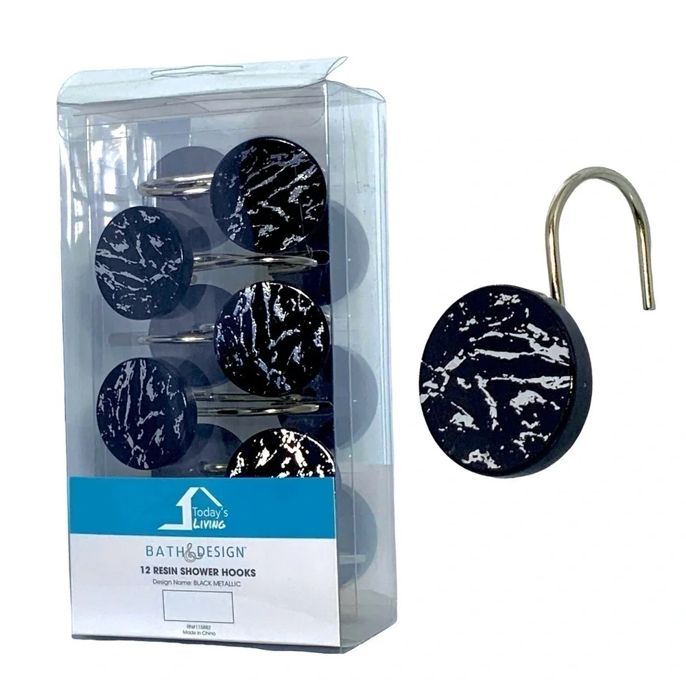 Today’s Living Black Marble Silver Metallic Silver Elite Shower Curtain Hooks
